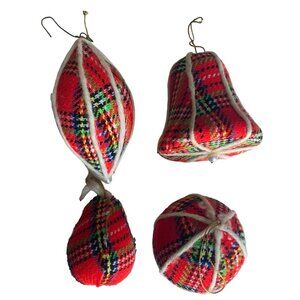 Vintage Red Plaid Fabric Christmas Ornaments Set Of 4 Bell Ball Large